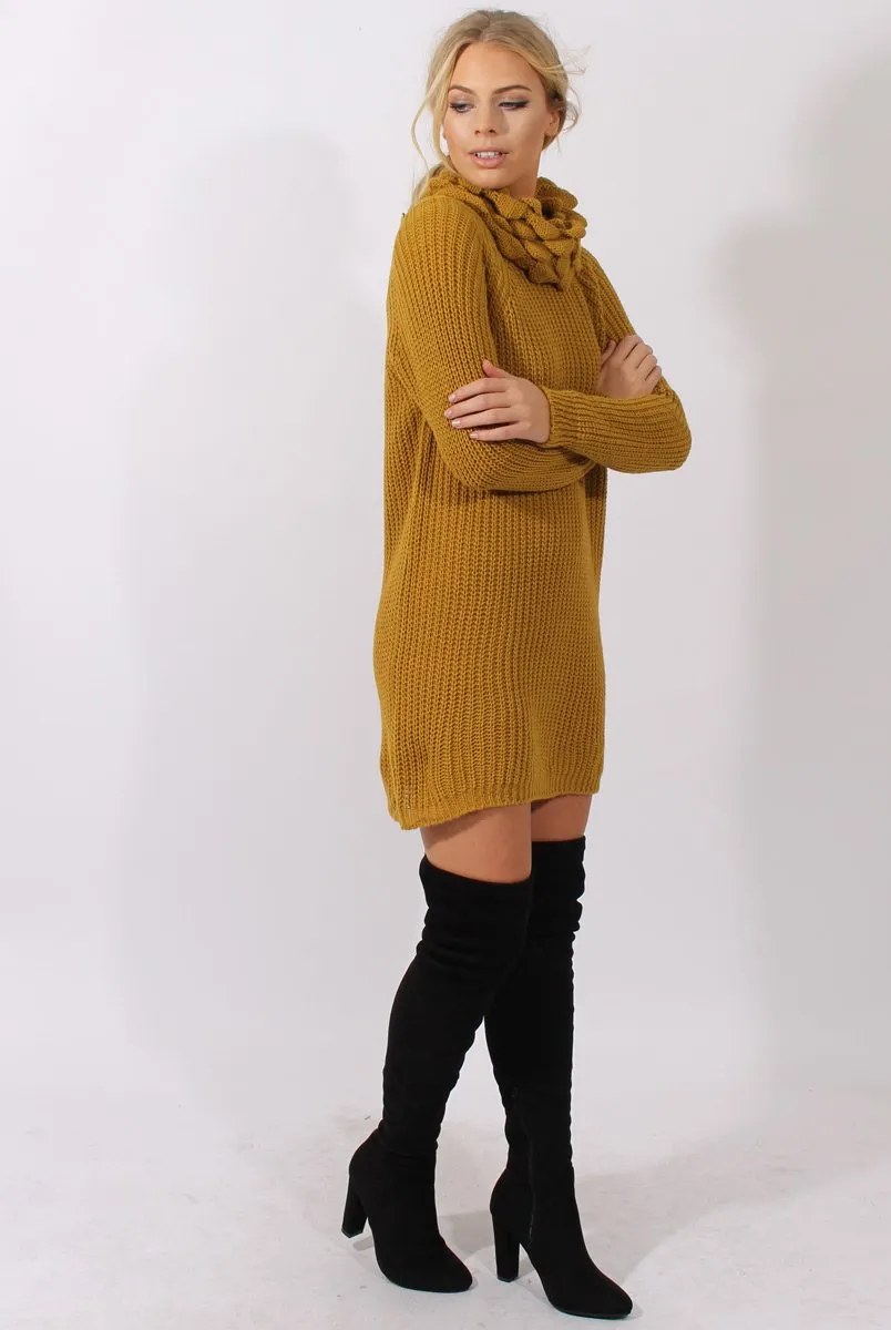 Mustard Chunky Turtleneck Knit Jumper Dress - Cloe