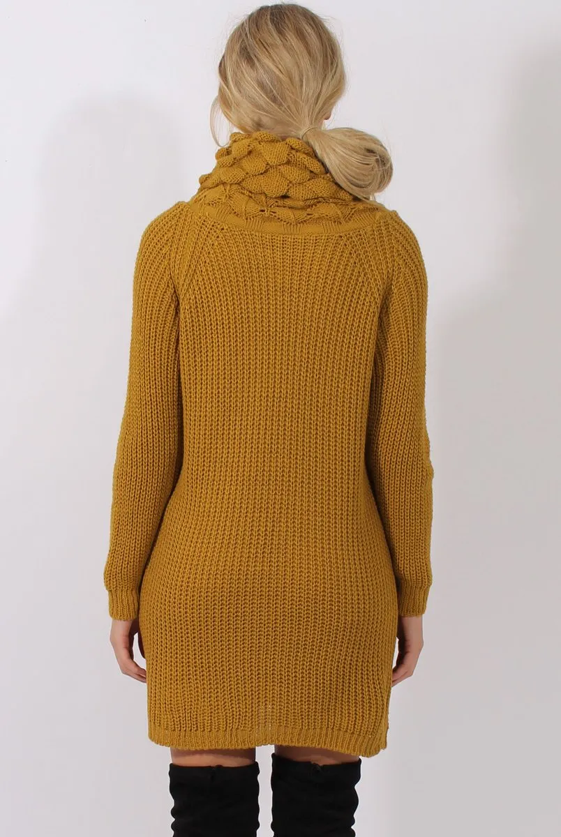 Mustard Chunky Turtleneck Knit Jumper Dress - Cloe