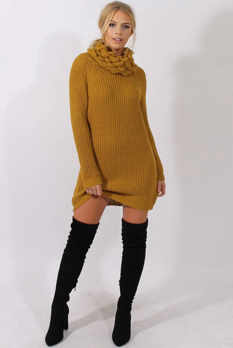 Mustard Chunky Turtleneck Knit Jumper Dress - Cloe