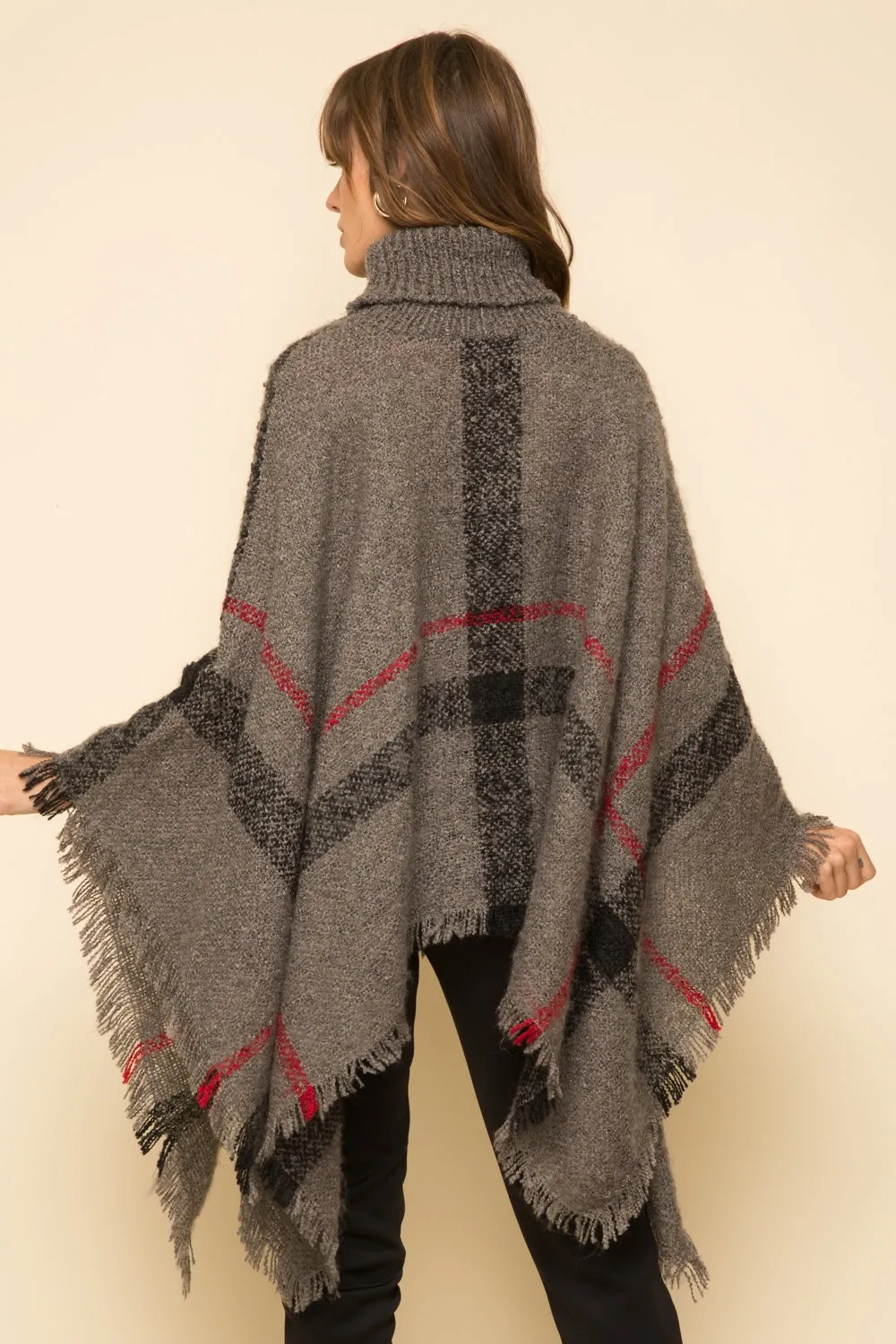 Mystree Charcoal Plaid Turtleneck Cape Poncho