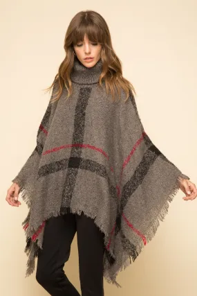 Mystree Charcoal Plaid Turtleneck Cape Poncho