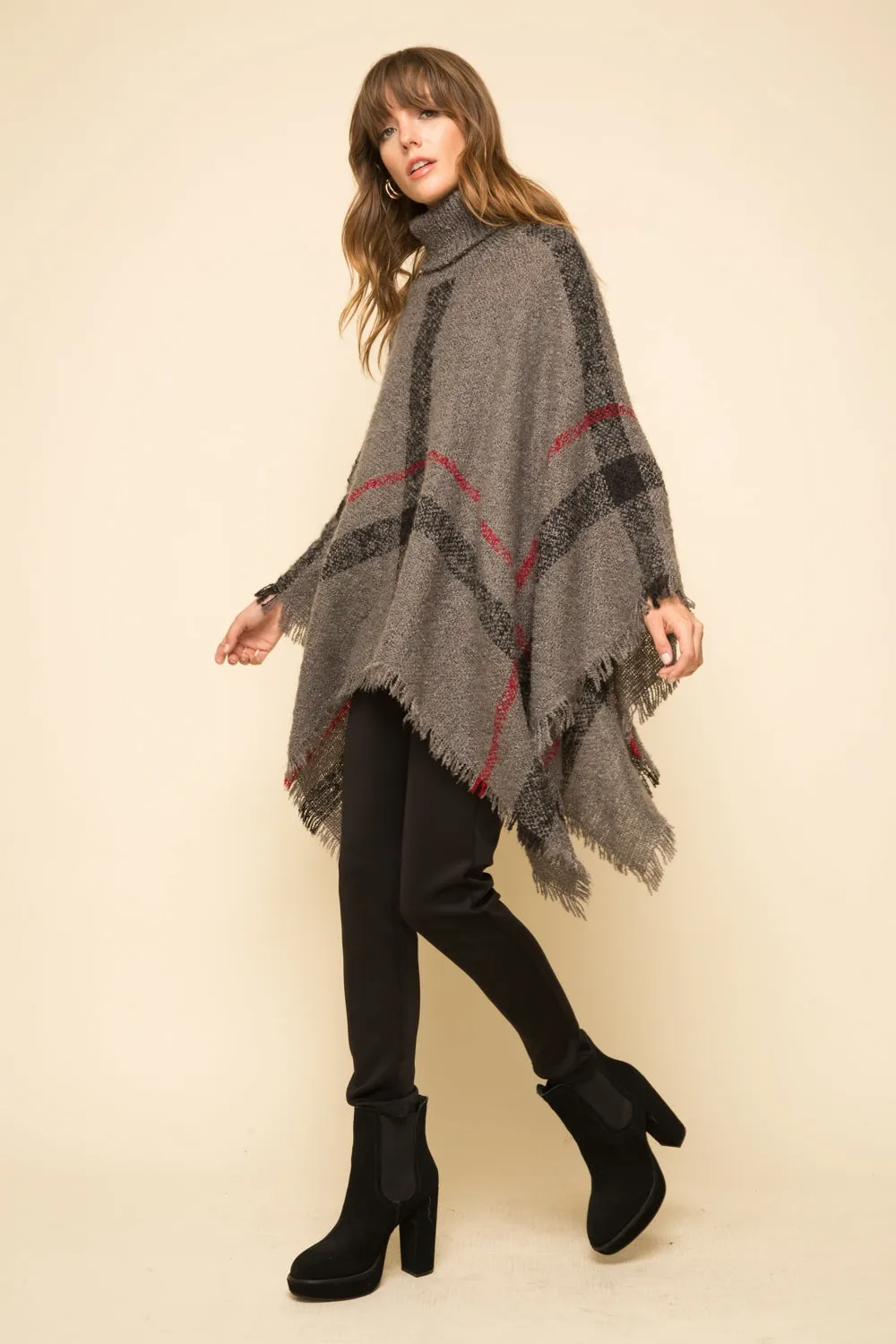 Mystree Charcoal Plaid Turtleneck Cape Poncho