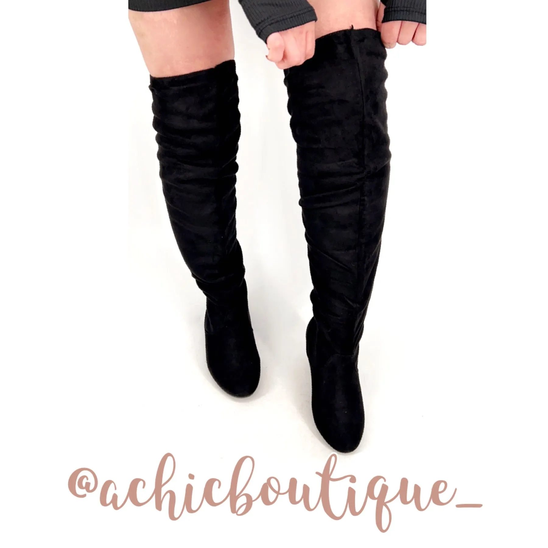 Over The Knee Boots- Black Faux Suede