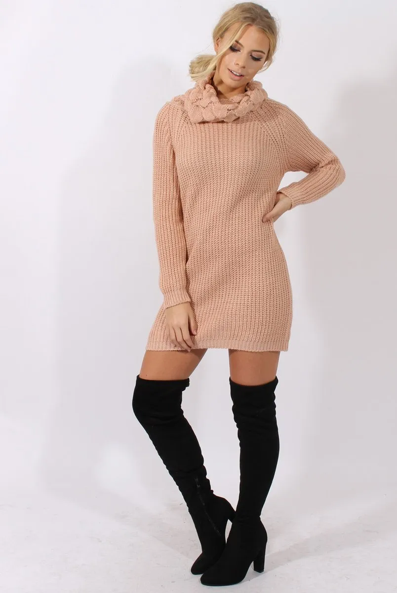 Pink Chunky Turtleneck Knit Jumper Dress - Cloe