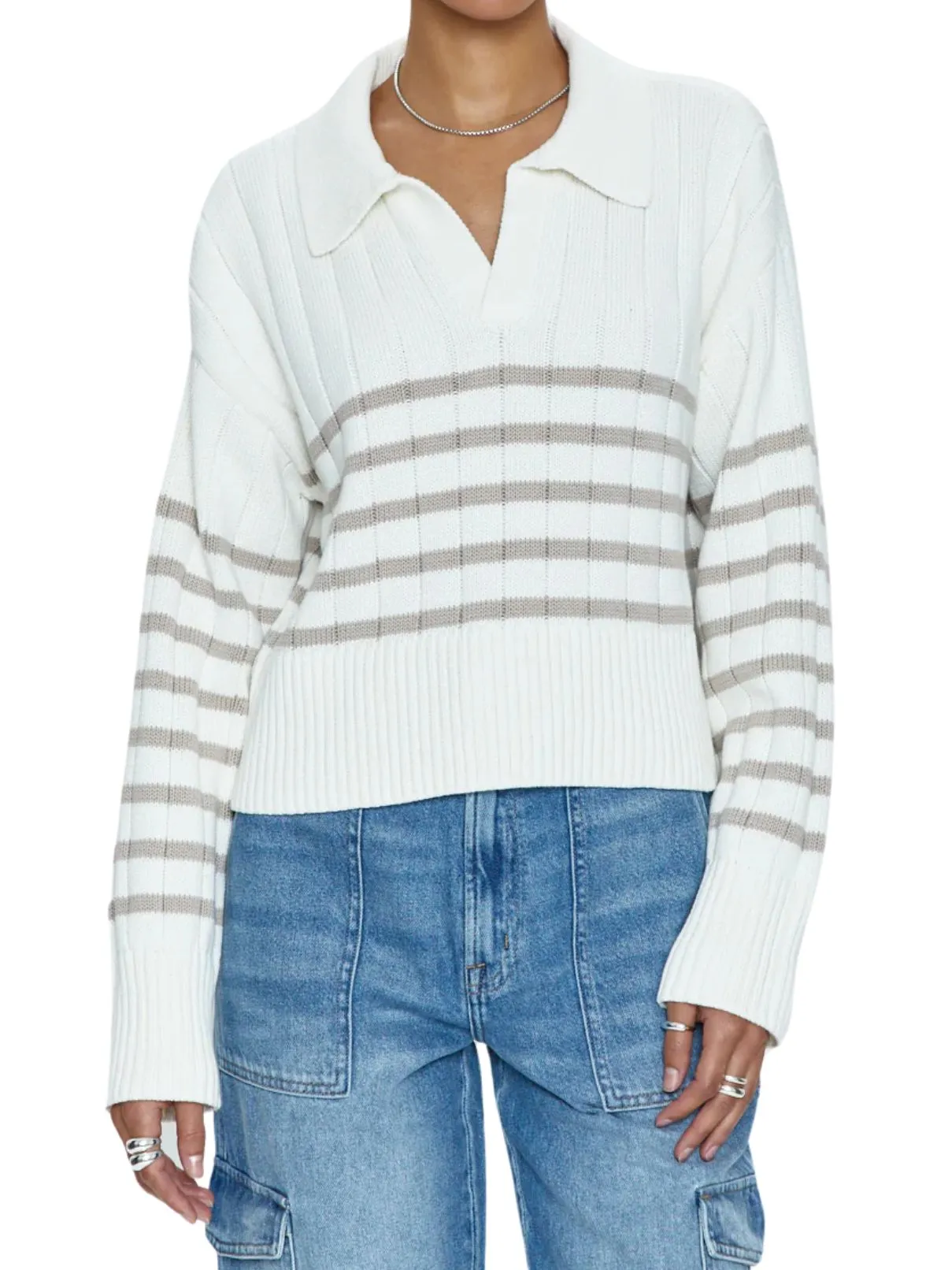 Pistola Arlo Polo Sweater in Ecru/Taupe Stripe