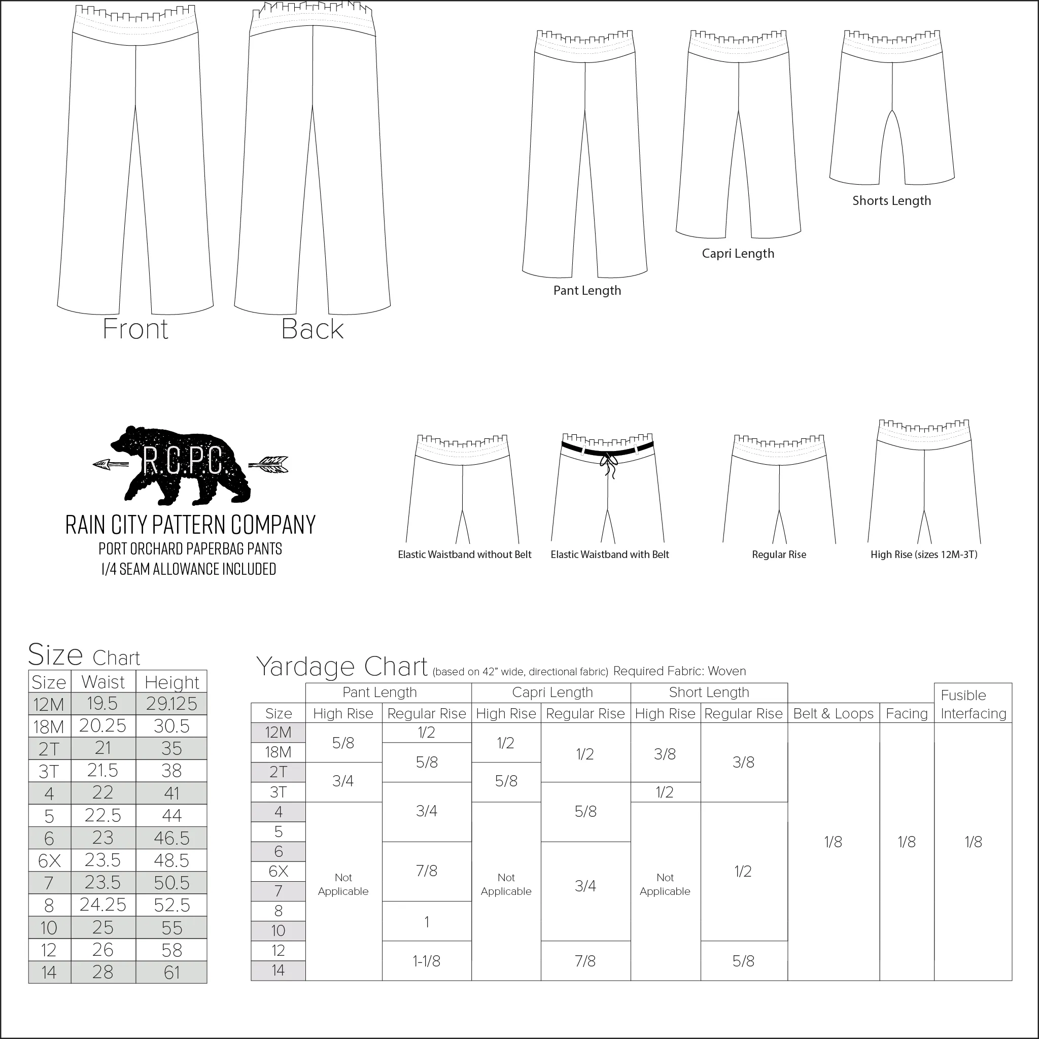 Port Orchard Paperbag Pants, Capris, Shorts | Child Sizes 12M-14 | Beginner Level Sewing Pattern