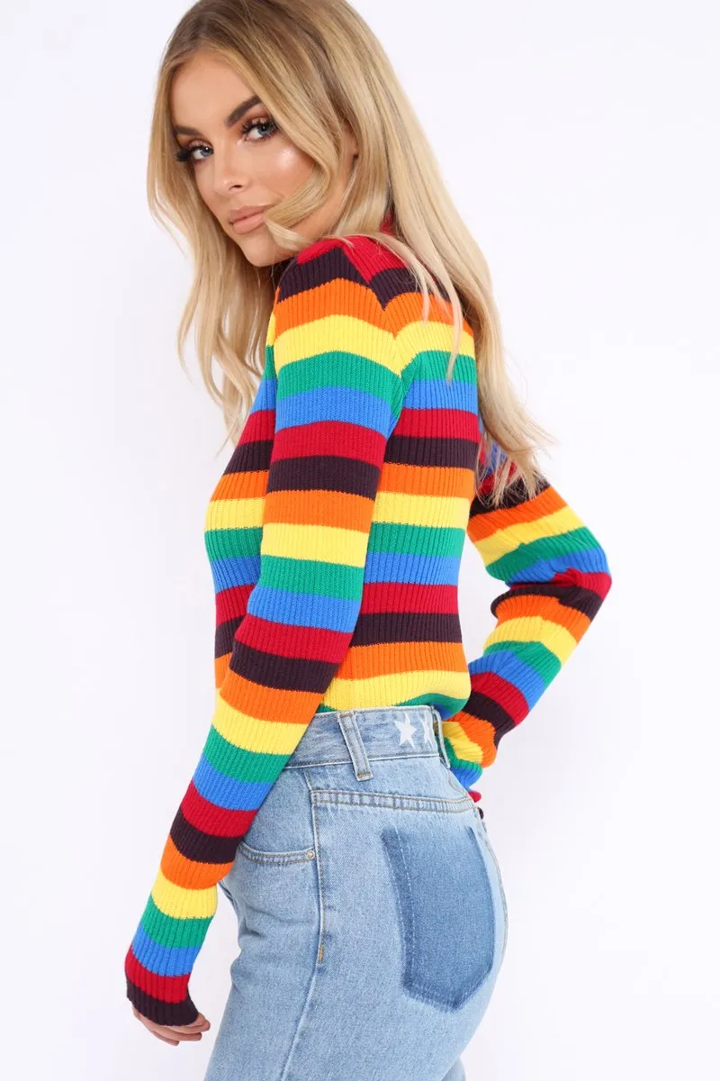 Rainbow Stripe Turtleneck Long Sleeve Jumper - Jonie