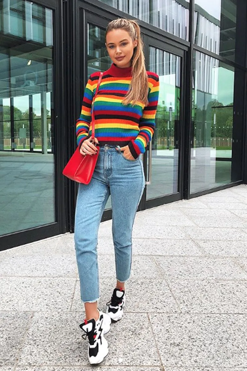 Rainbow Stripe Turtleneck Long Sleeve Jumper - Jonie