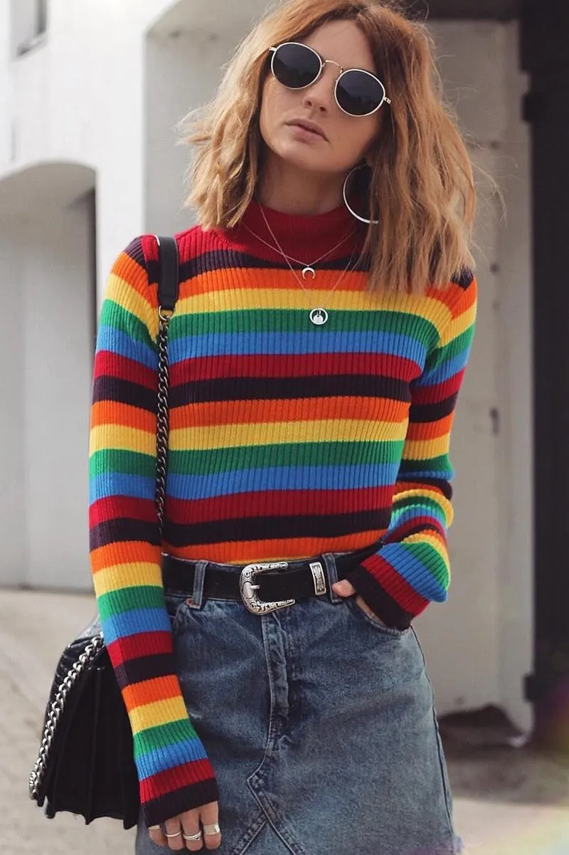 Rainbow Stripe Turtleneck Long Sleeve Jumper - Jonie