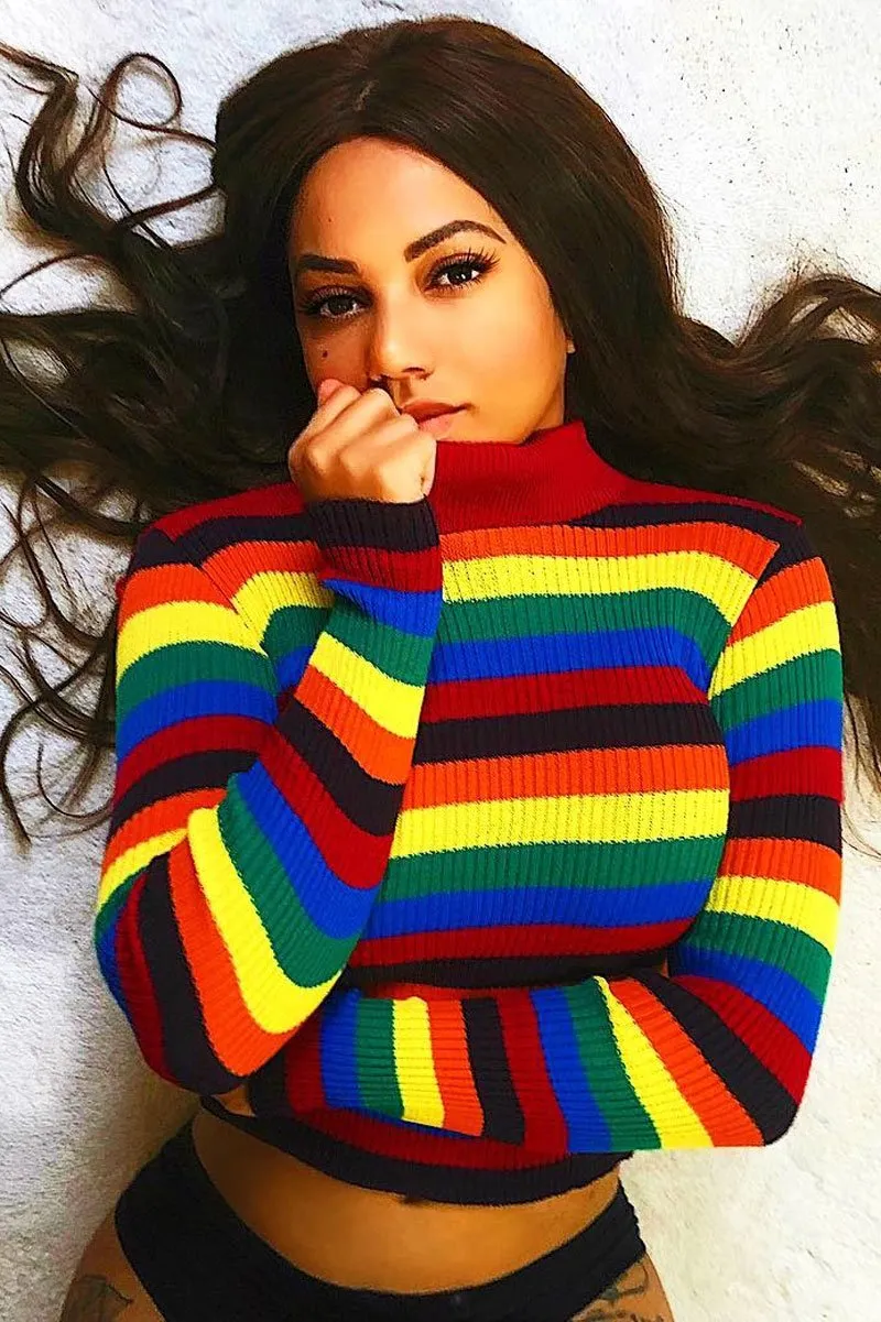 Rainbow Stripe Turtleneck Long Sleeve Jumper - Jonie