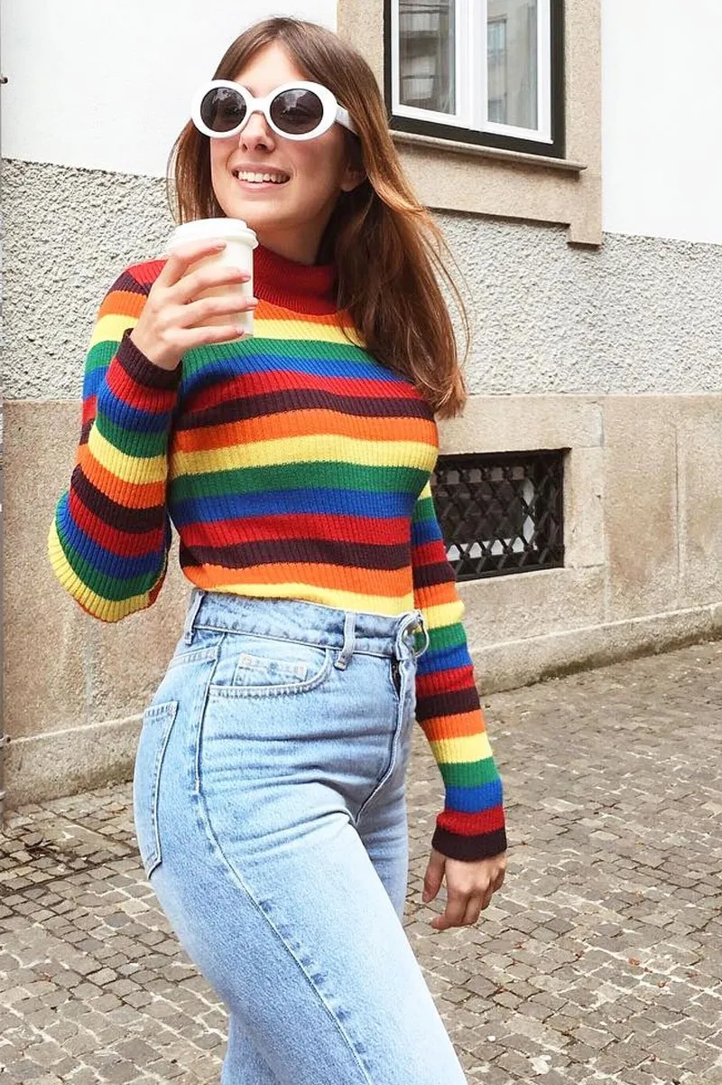 Rainbow Stripe Turtleneck Long Sleeve Jumper - Jonie