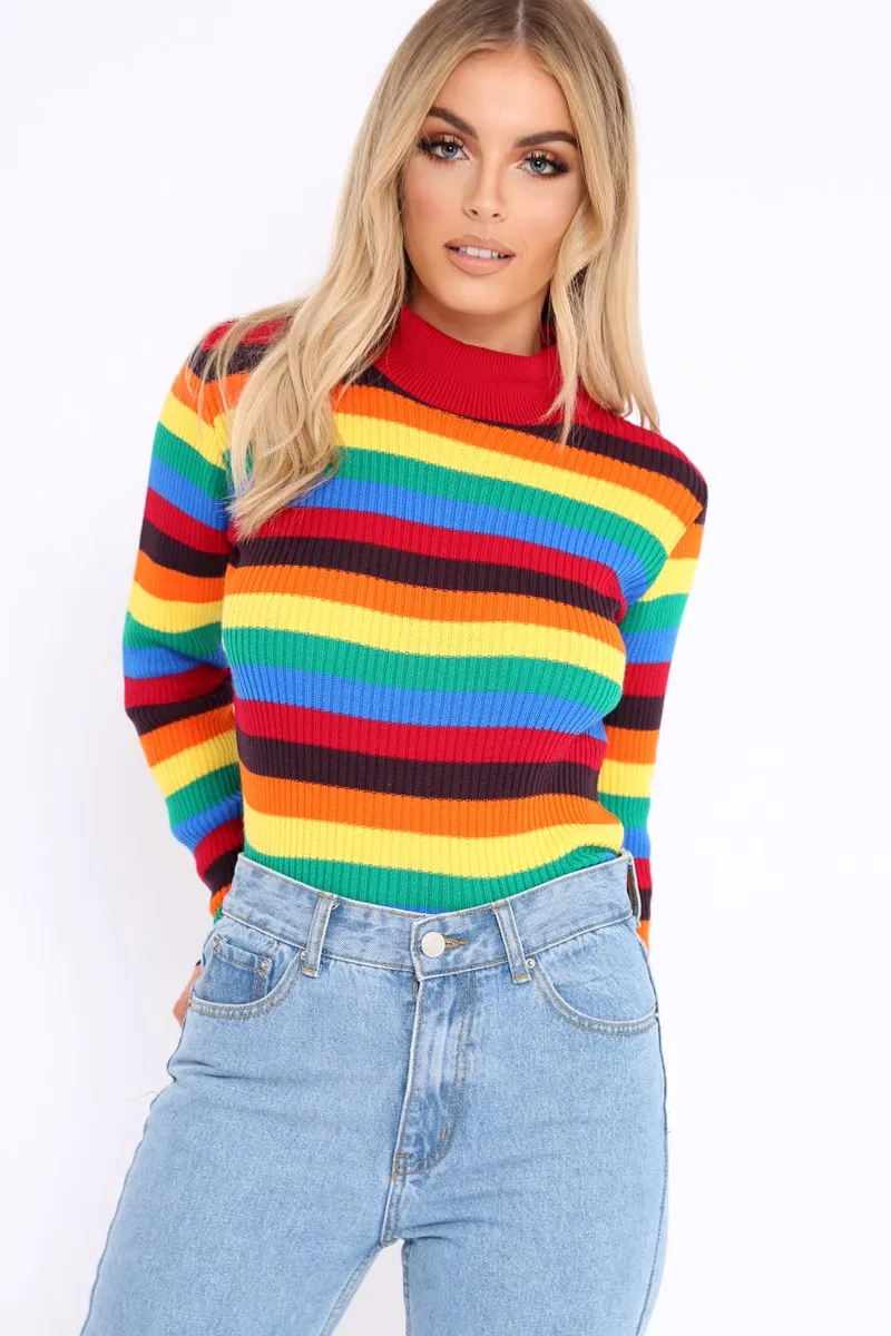 Rainbow Stripe Turtleneck Long Sleeve Jumper - Jonie