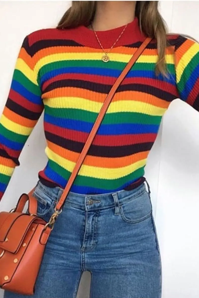 Rainbow Stripe Turtleneck Long Sleeve Jumper - Jonie