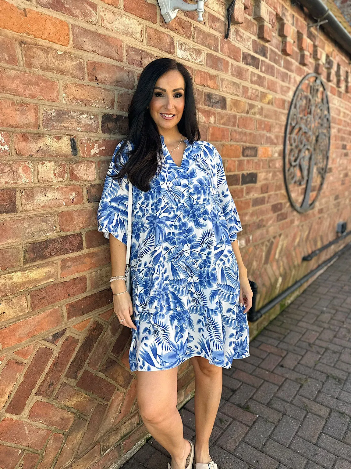 Royal Blue Tropical Leaf Print Dress Forest