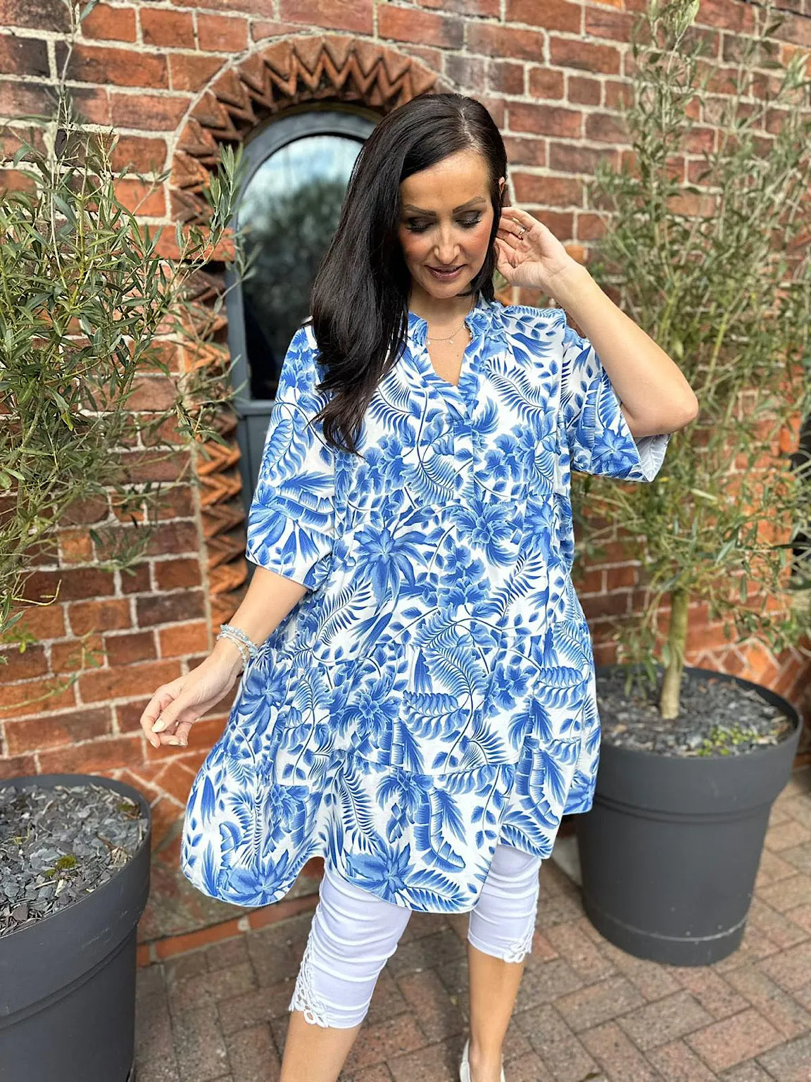 Royal Blue Tropical Leaf Print Dress Forest