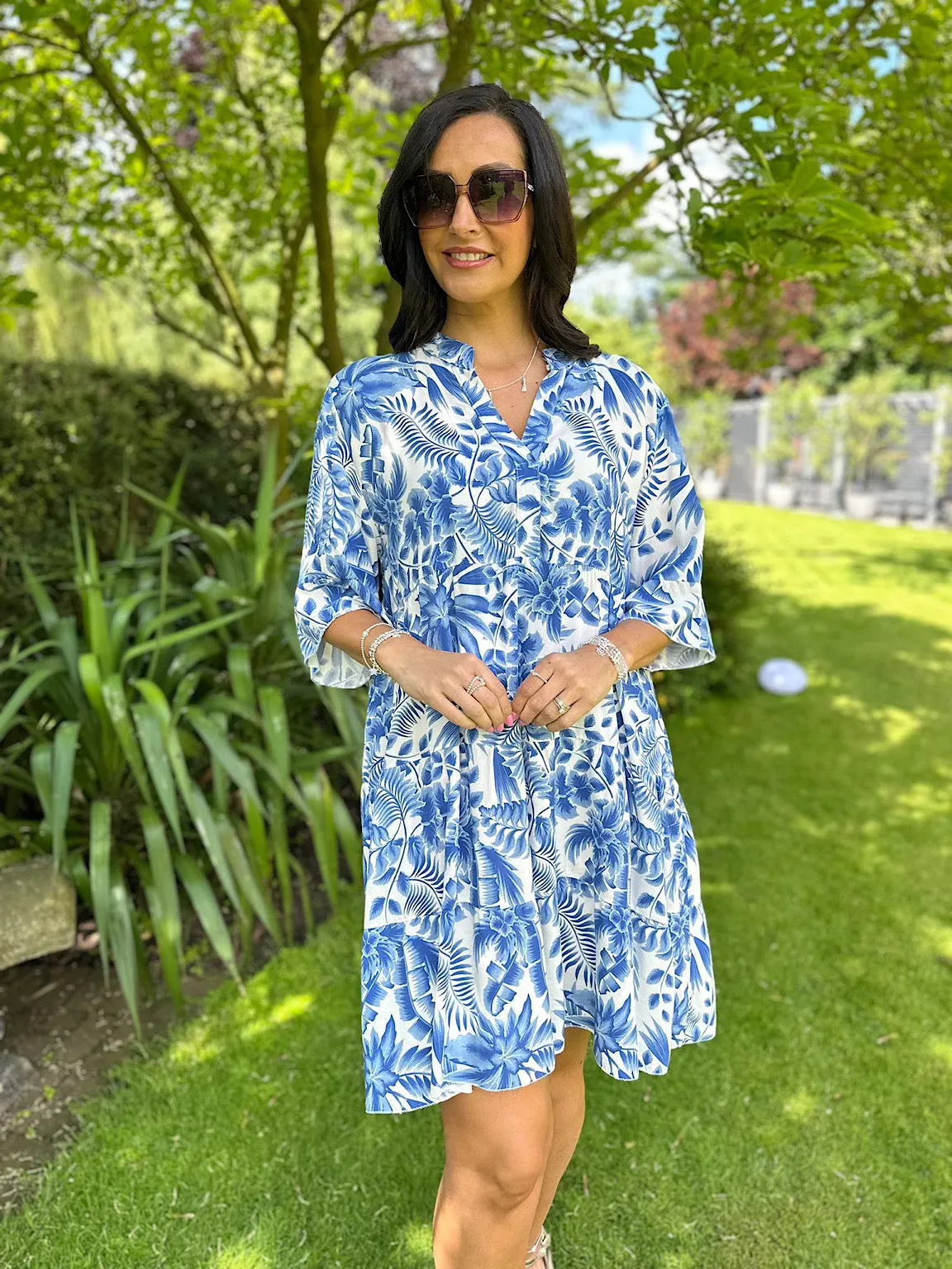 Royal Blue Tropical Leaf Print Dress Forest