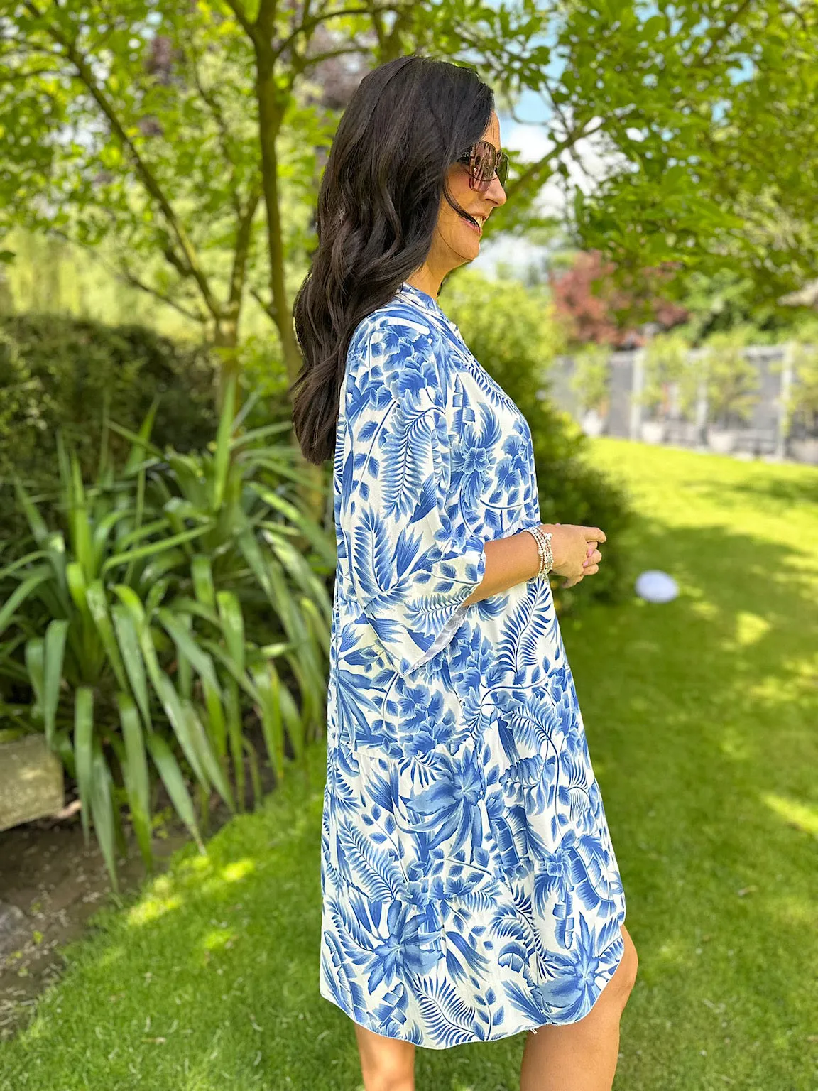 Royal Blue Tropical Leaf Print Dress Forest