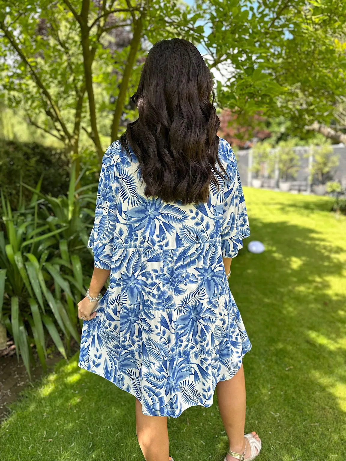 Royal Blue Tropical Leaf Print Dress Forest