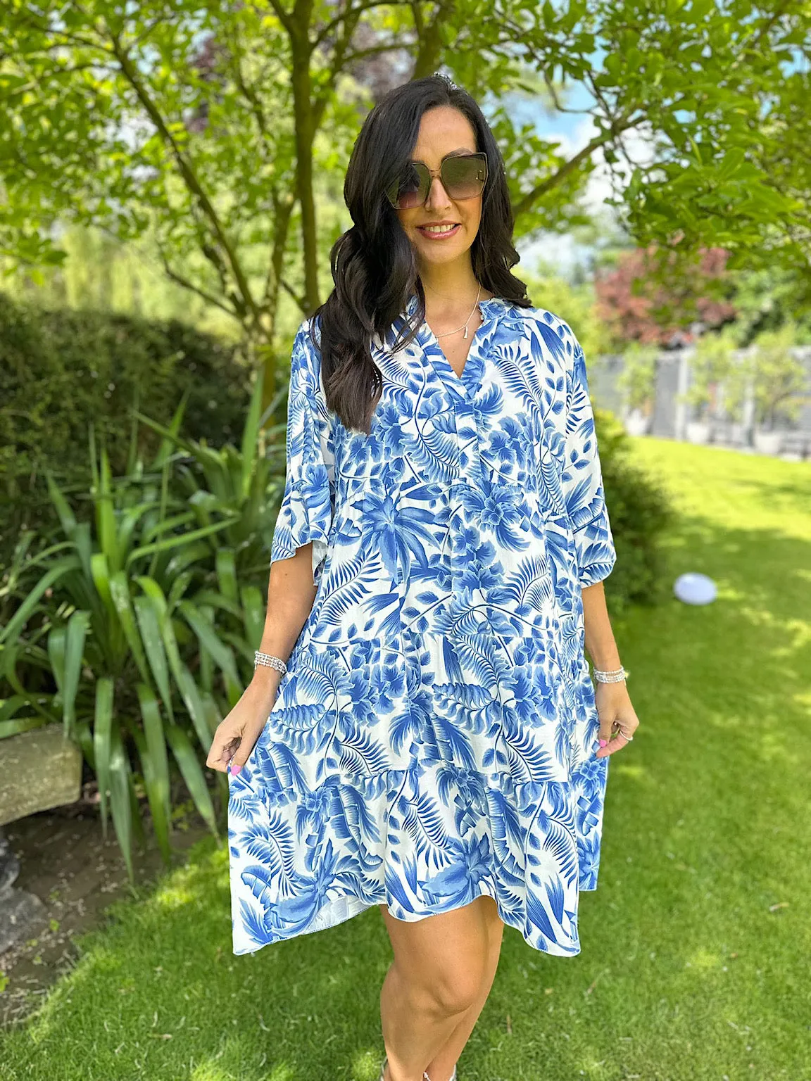 Royal Blue Tropical Leaf Print Dress Forest