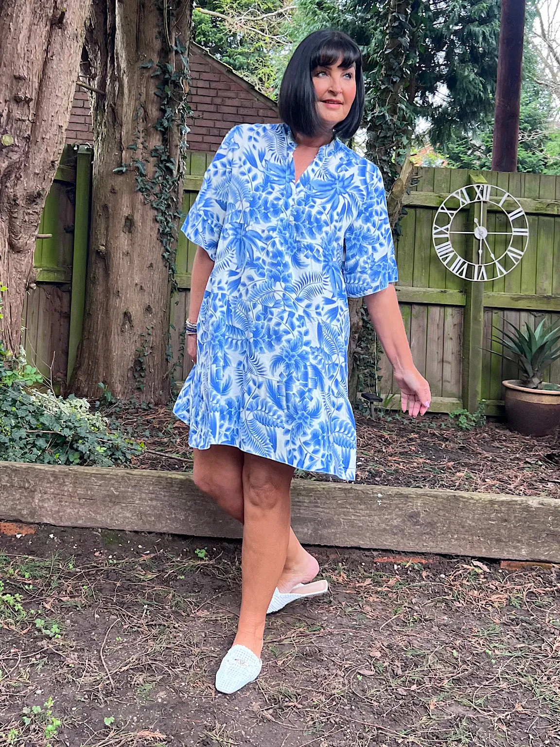 Royal Blue Tropical Leaf Print Dress Forest