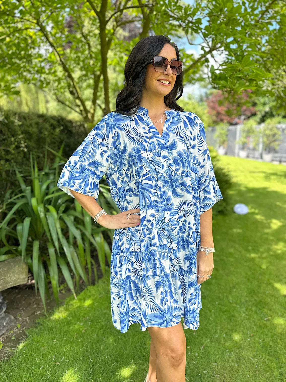 Royal Blue Tropical Leaf Print Dress Forest