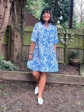 Royal Blue Tropical Leaf Print Dress Forest