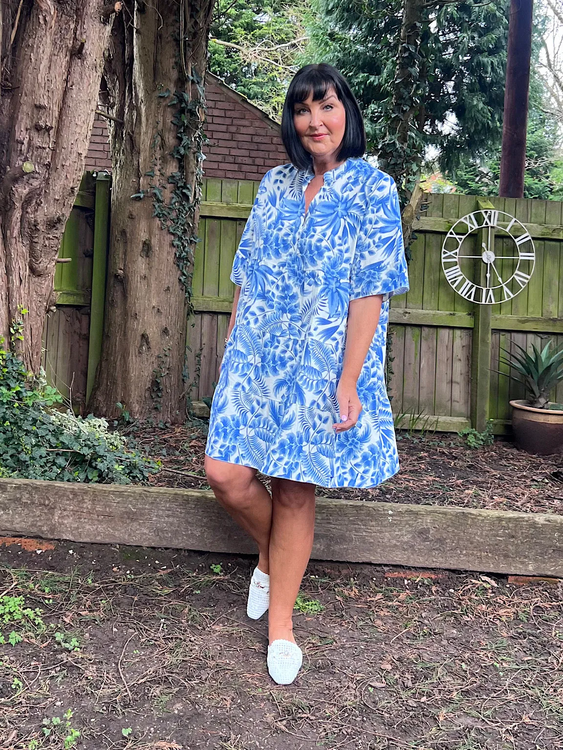 Royal Blue Tropical Leaf Print Dress Forest