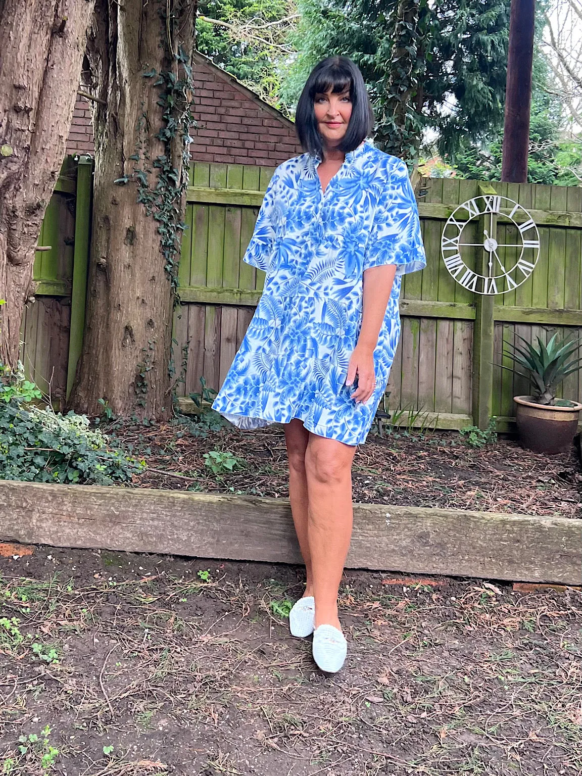 Royal Blue Tropical Leaf Print Dress Forest