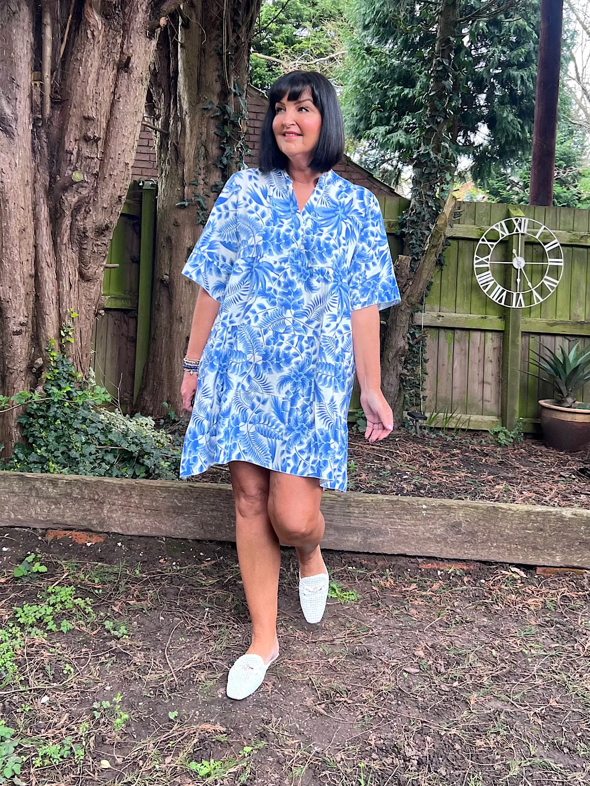 Royal Blue Tropical Leaf Print Dress Forest