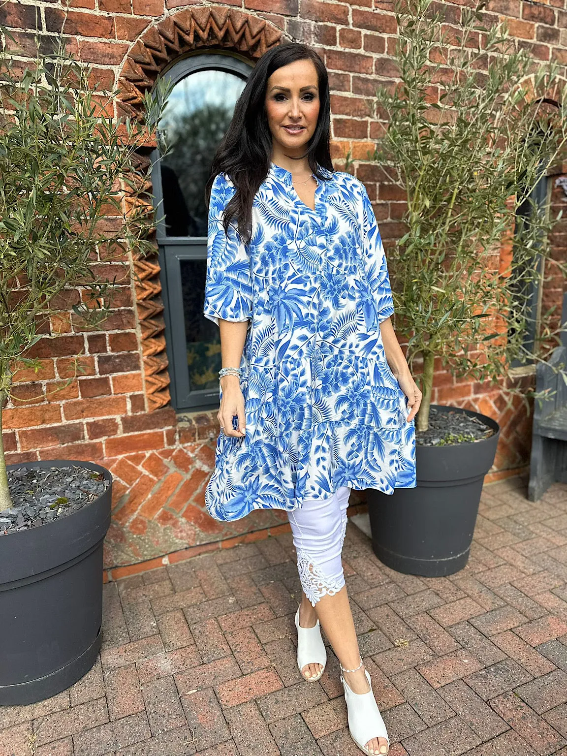 Royal Blue Tropical Leaf Print Dress Forest