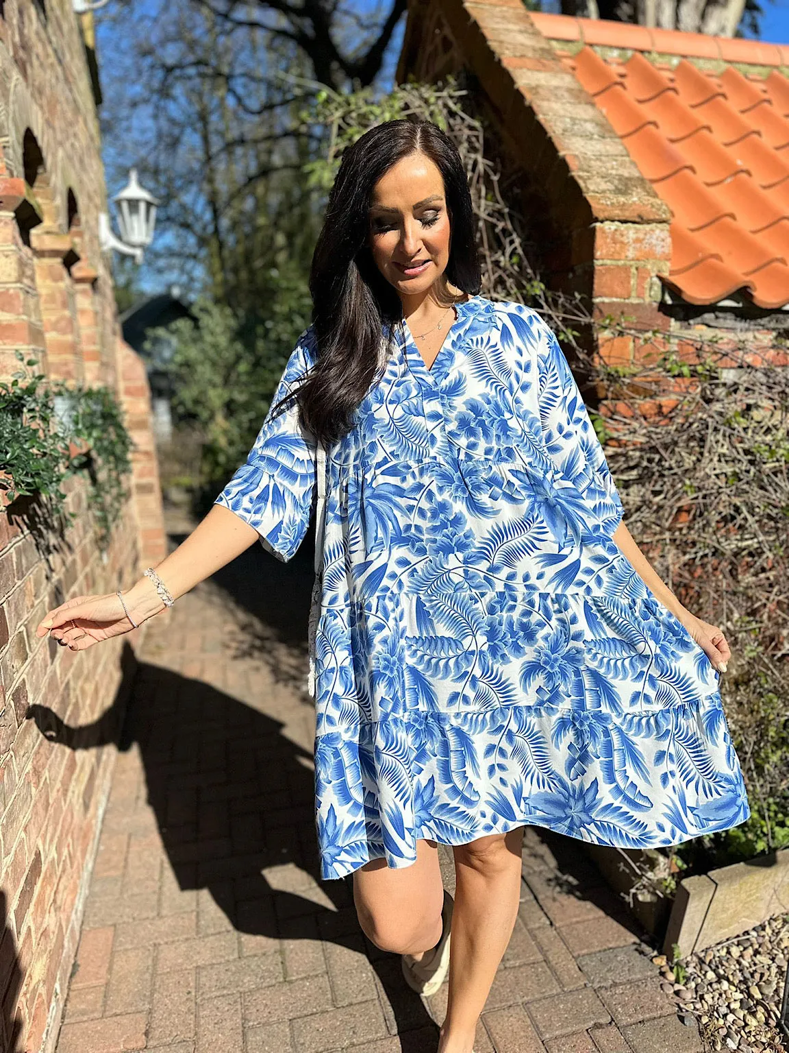 Royal Blue Tropical Leaf Print Dress Forest