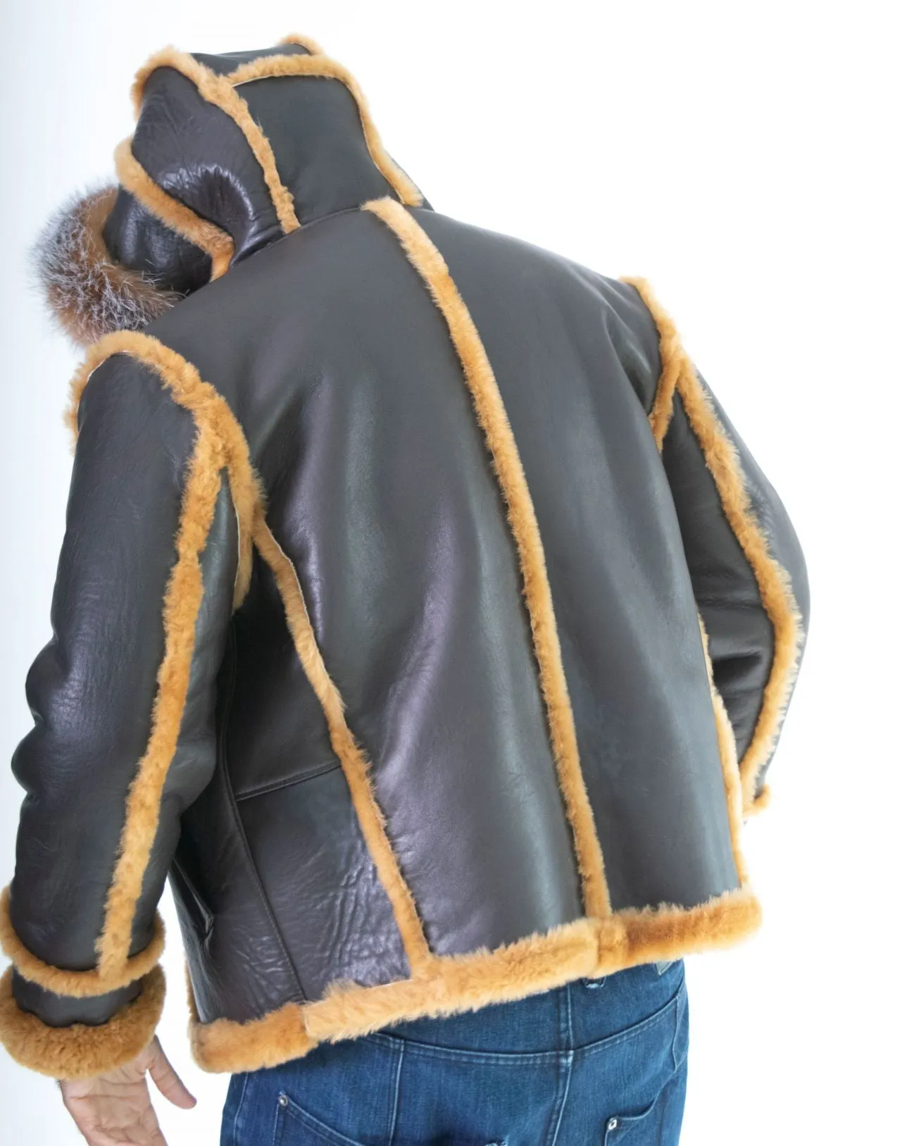 Sheepskin Jacket with Hood and Fox Fur Style #3910