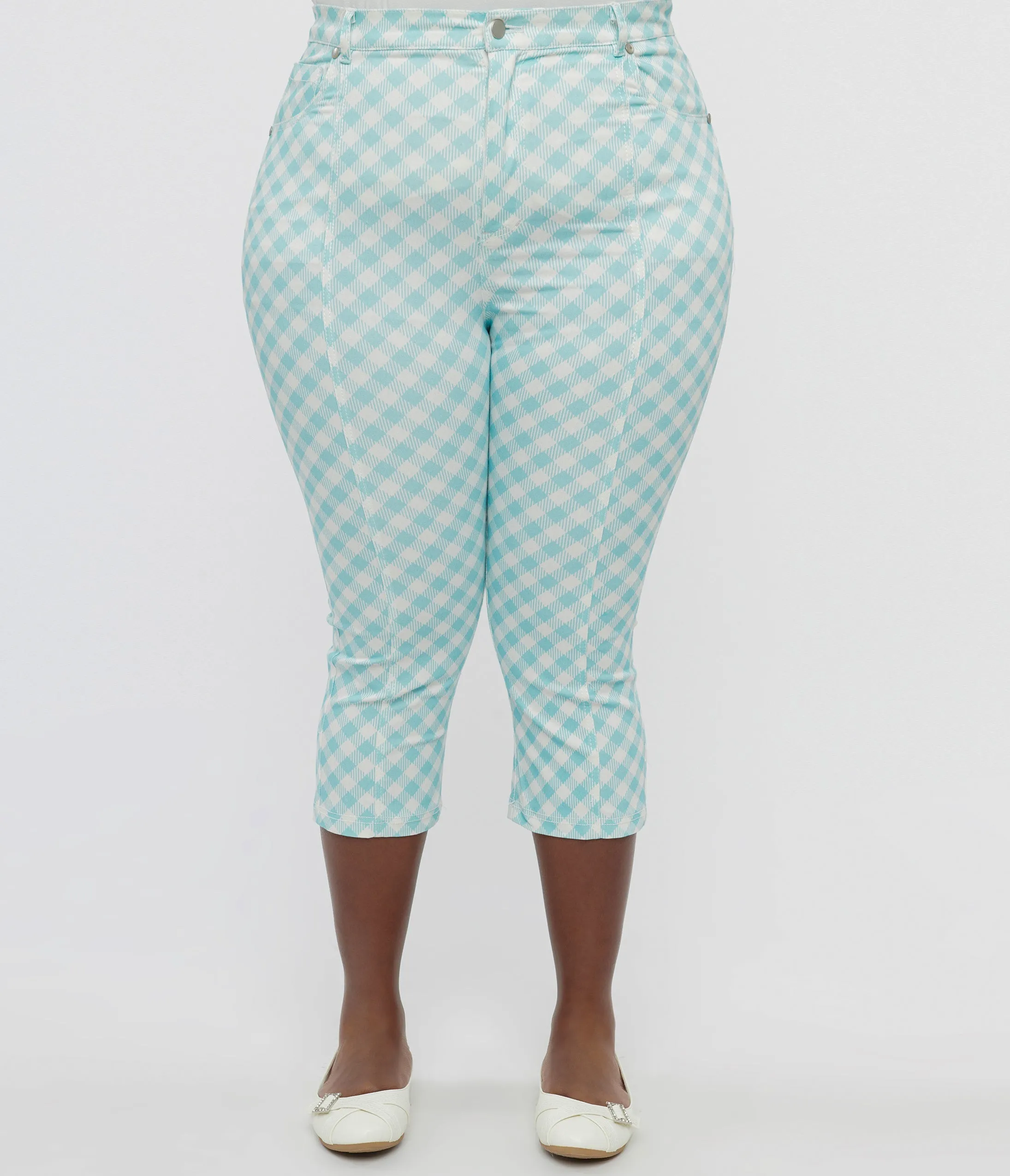 Smak Parlour Plus Size Light Blue & White Gingham Capri Pants