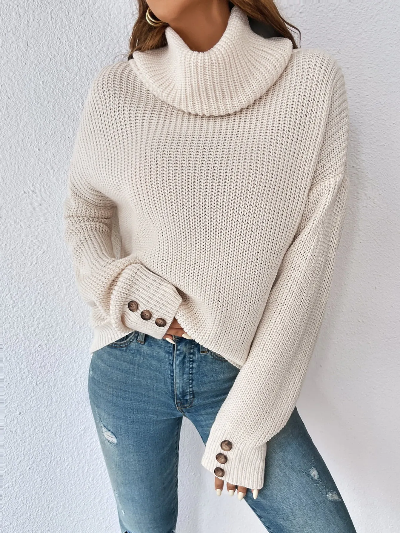 Stassi Decorative Button Turtleneck