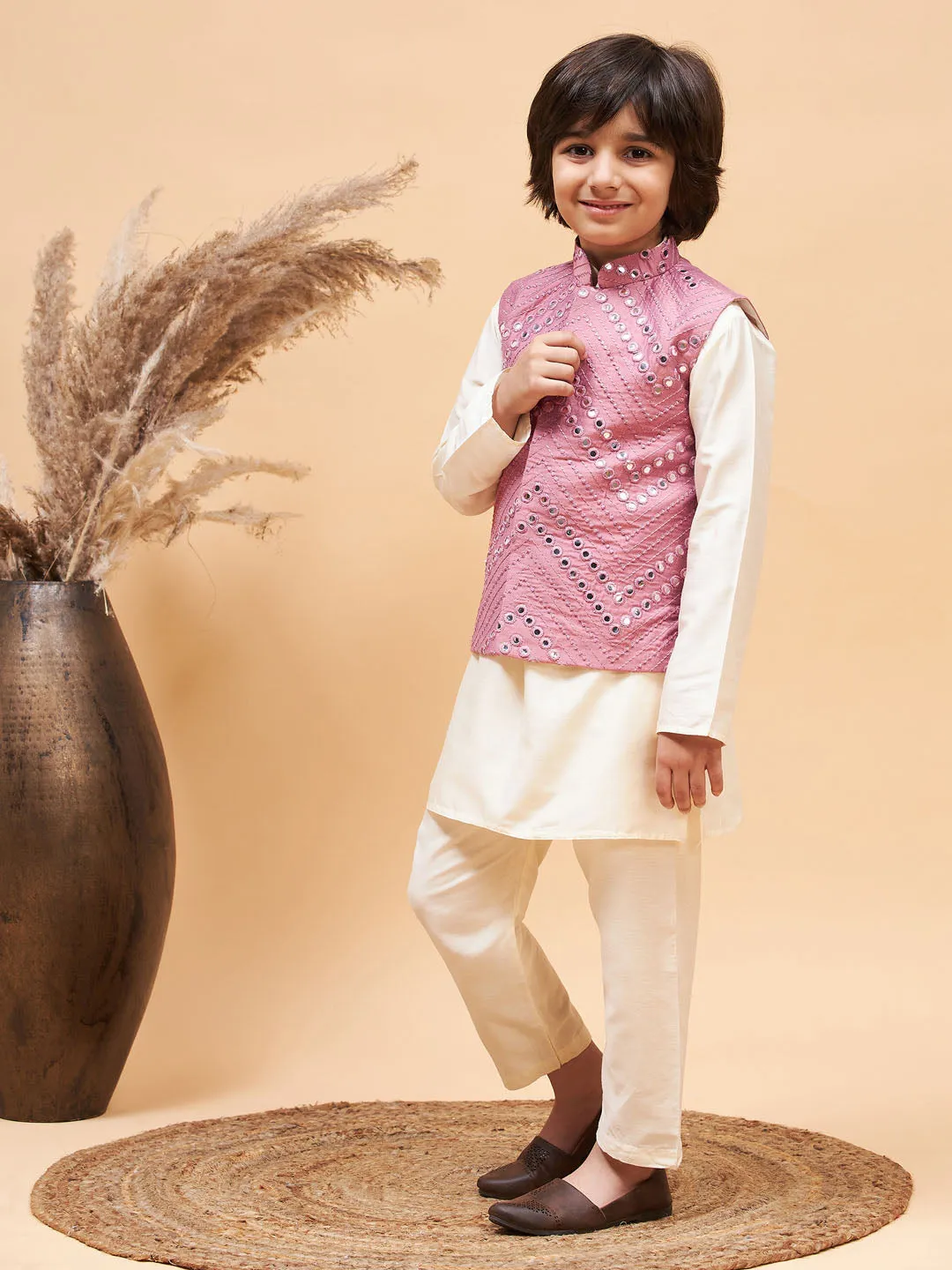 VASTRAMAY Boy's Pink Mirror Work Jacket And Solid Kurta Pyjama Set