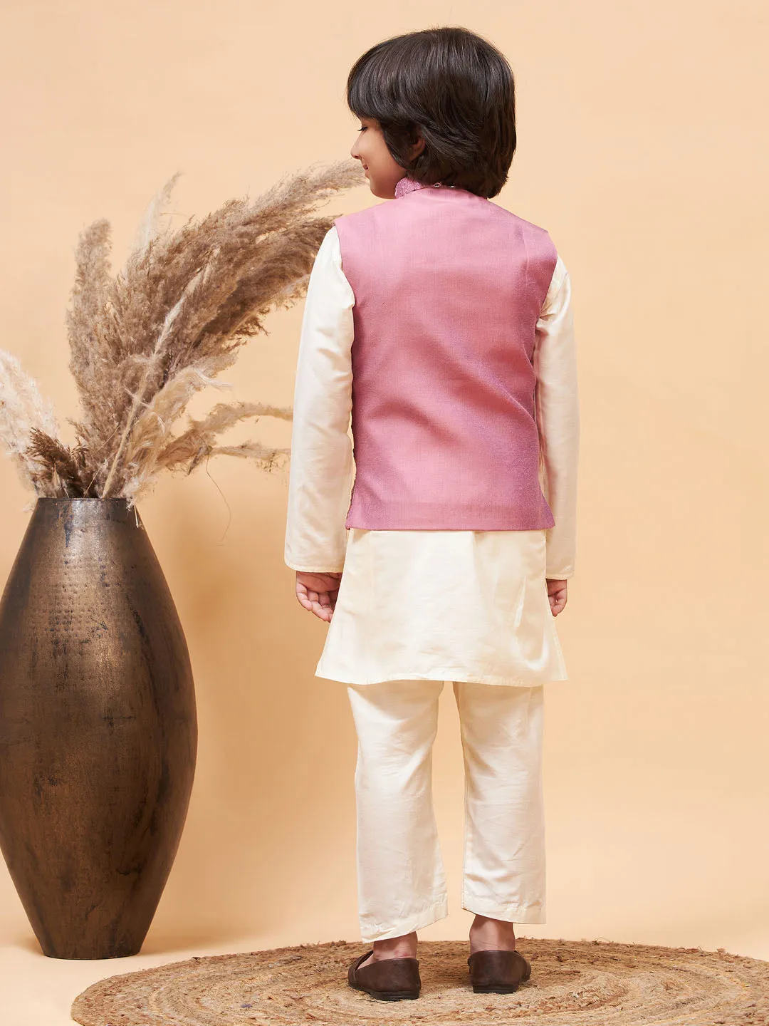 VASTRAMAY Boy's Pink Mirror Work Jacket And Solid Kurta Pyjama Set