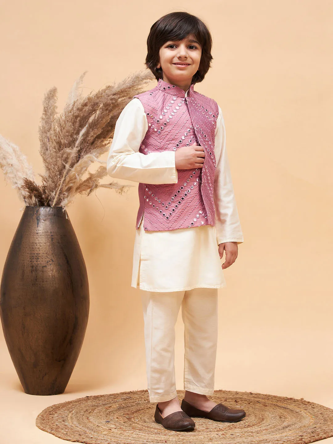 VASTRAMAY Boy's Pink Mirror Work Jacket And Solid Kurta Pyjama Set