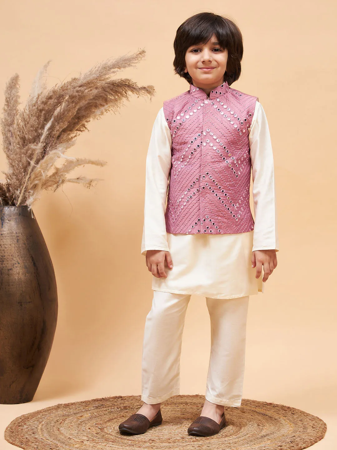 VASTRAMAY Boy's Pink Mirror Work Jacket And Solid Kurta Pyjama Set