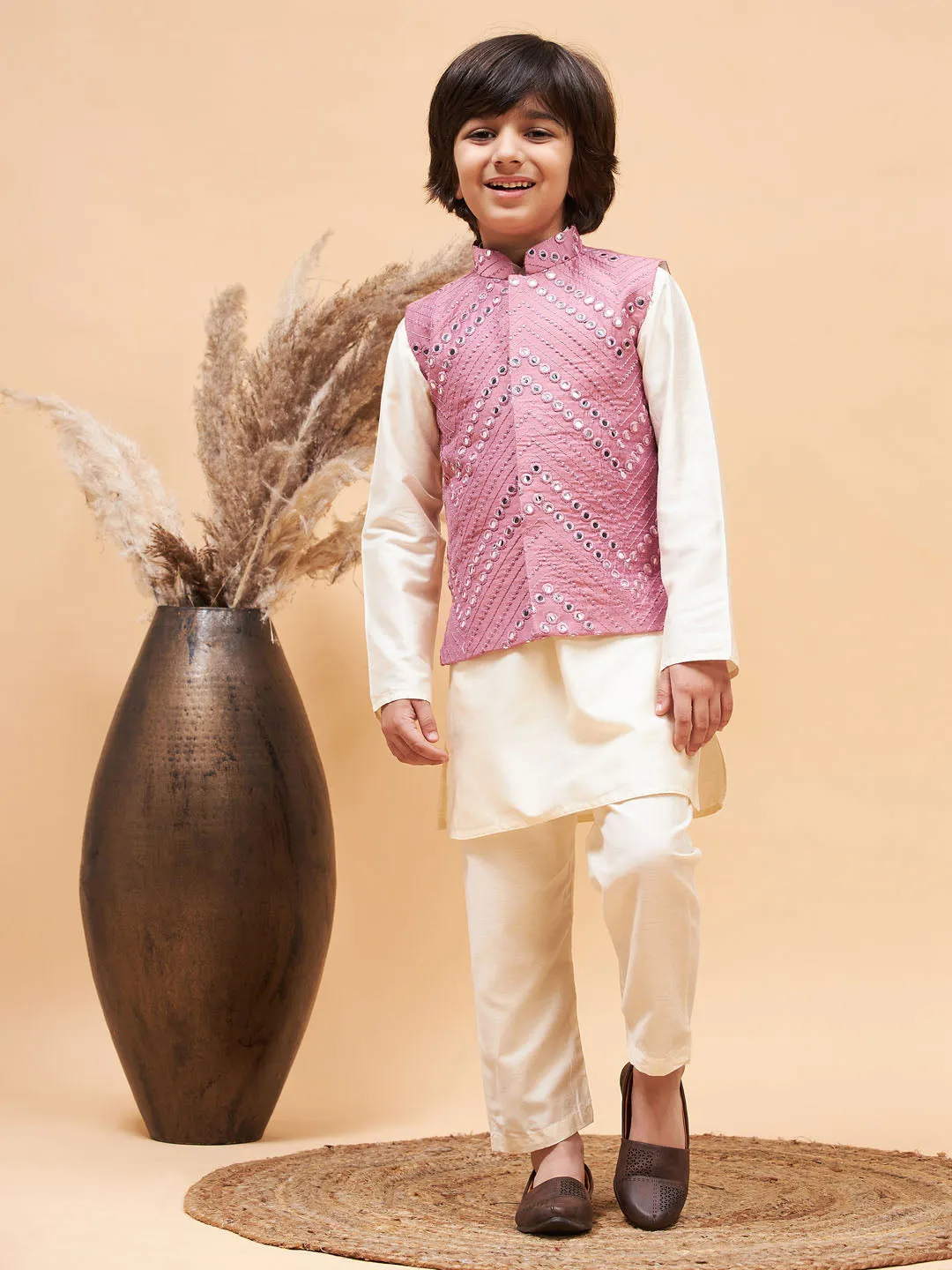 VASTRAMAY Boy's Pink Mirror Work Jacket And Solid Kurta Pyjama Set