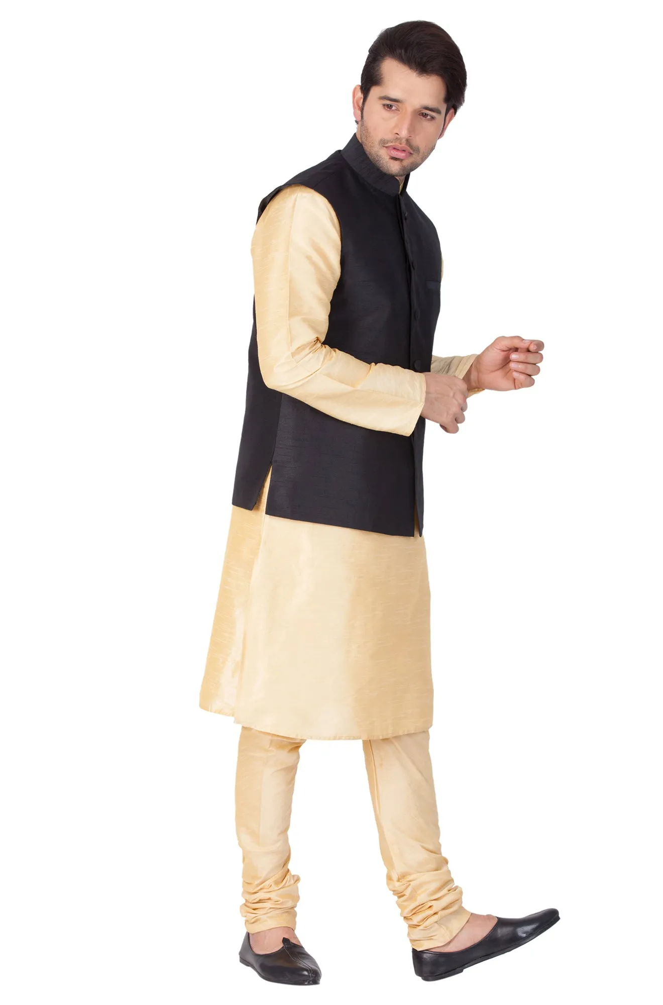 VASTRAMAY Men's Gold Cotton Silk Blend Kurta, Ethnic Jacket and Pyjama Set