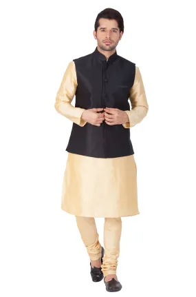 VASTRAMAY Men's Gold Cotton Silk Blend Kurta, Ethnic Jacket and Pyjama Set