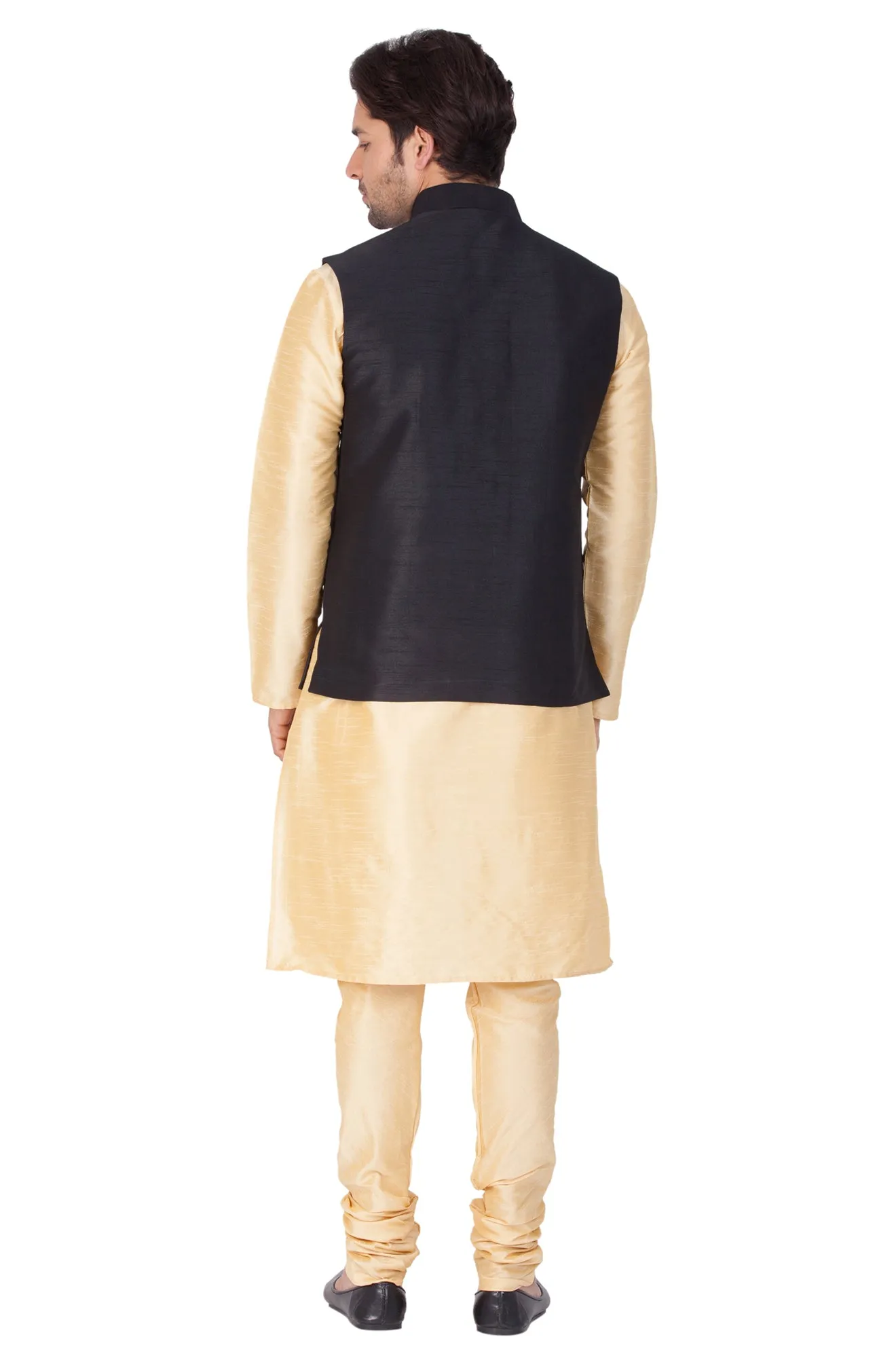 VASTRAMAY Men's Gold Cotton Silk Blend Kurta, Ethnic Jacket and Pyjama Set