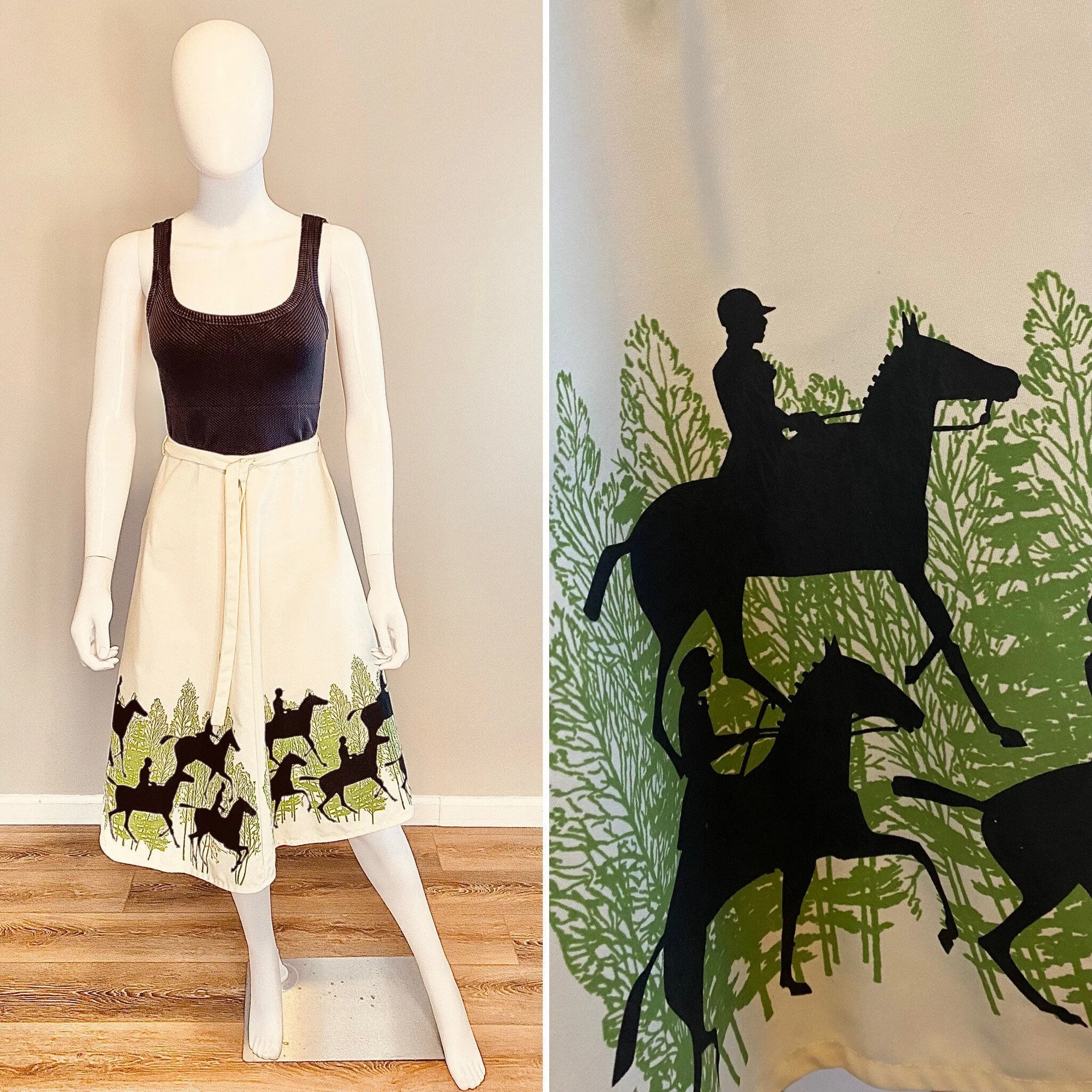 Vintage Y2K Novelty Print Wrap Skirt / 2000s Equestrian Print Skirt / Kentucky Derby / 1950s style skirt / Size S M