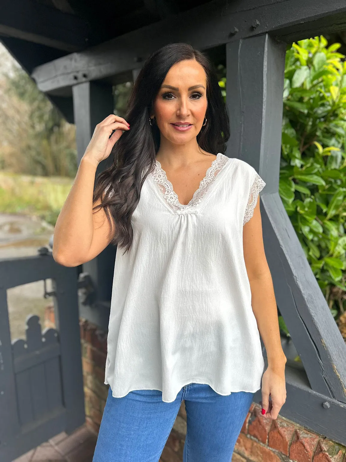 White V Neck Lace Trim Top Brianna