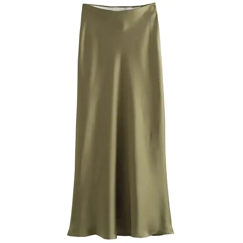 Woman Solid Skirt Vintage Satin Casual Slim Long Commute Wild