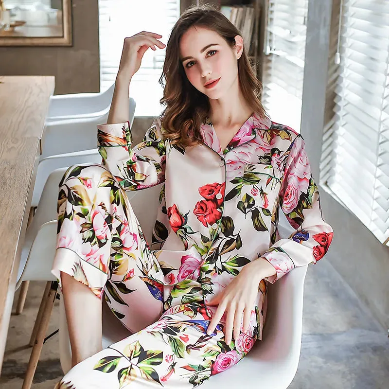 Women Real 100% Mulberry Silk Pajama Sets Floral Printed