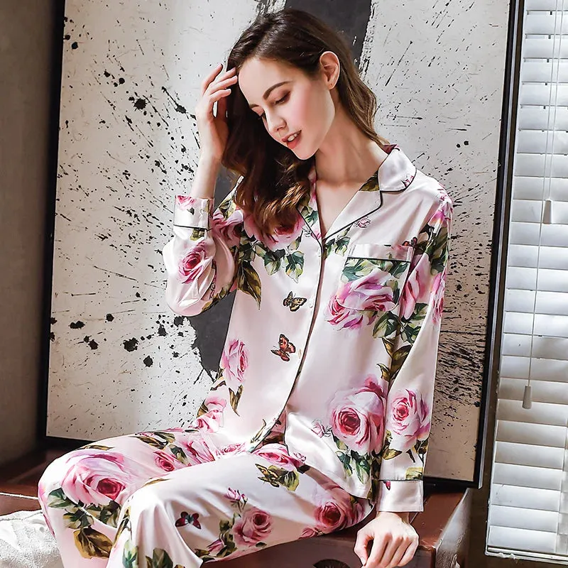 Women Real 100% Mulberry Silk Pajama Sets Floral Printed