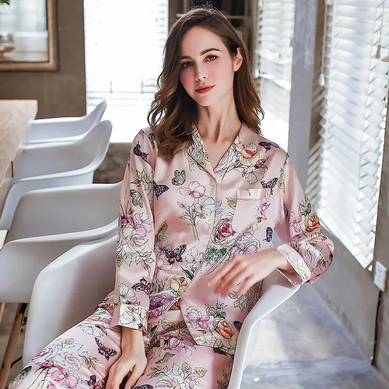 Women Real 100% Mulberry Silk Pajama Sets Floral Printed