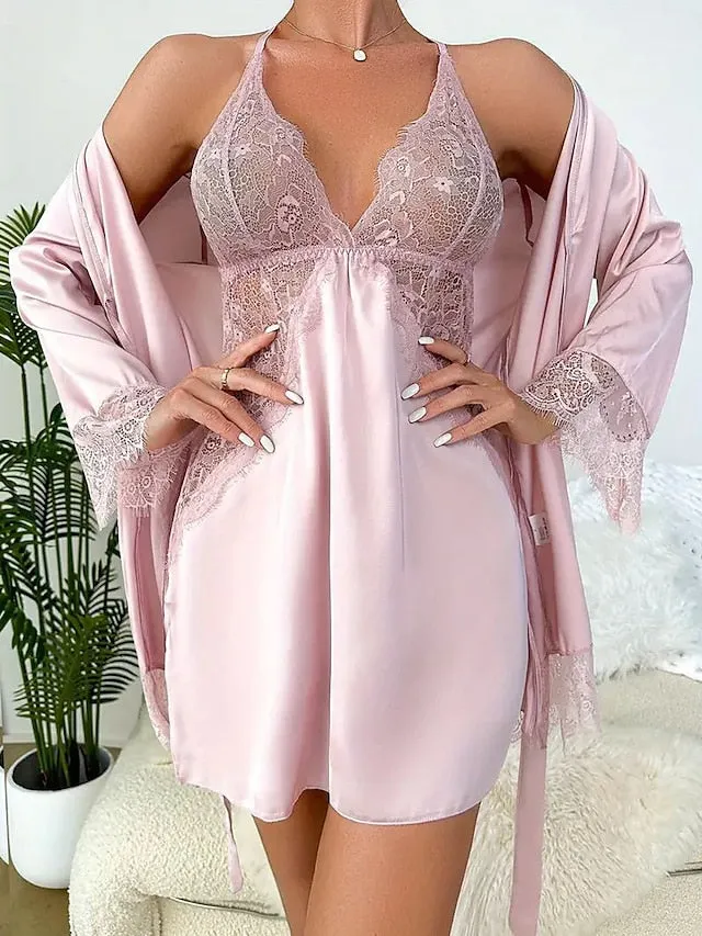 Women's Cozy Plunging Neck Polyester Nightwear Set in Lotus Pink and Classic Black