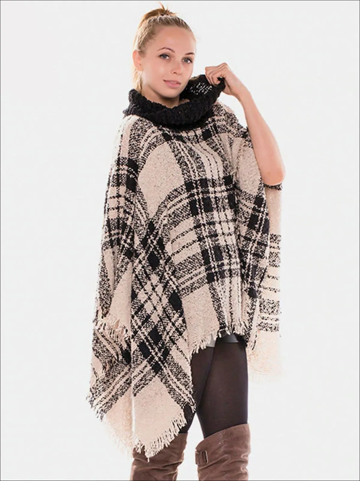 Women's Fall Casual Plaid Turtleneck Poncho